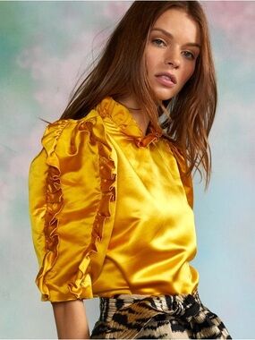 Cynthia Rowley Golden Yellow Satin Ruffle Puff-Sleeve Blouse